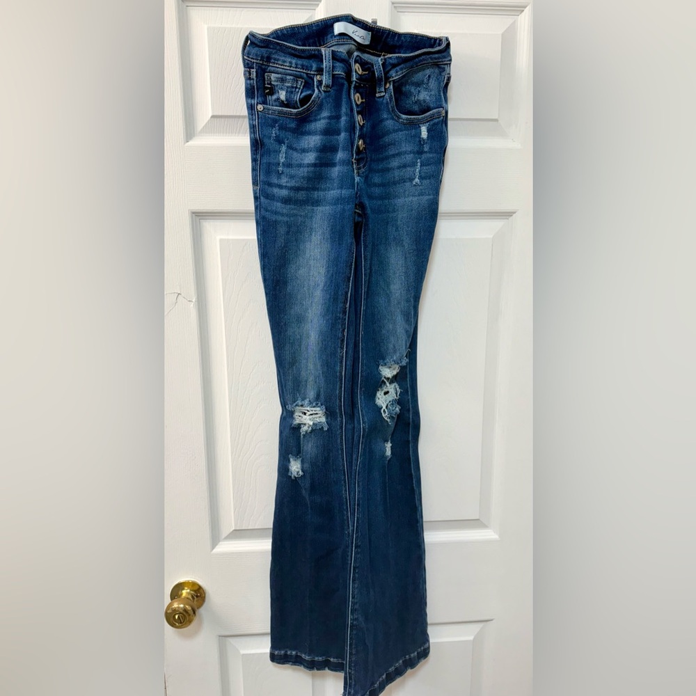 KanCan Distressed Flare Jeans in Dark Blue